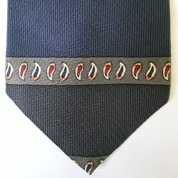 PORTFOLIO BY PERRY ELLIS - 100% SILK NECKTIE - DARK BLUE & GRAY WITH RED & BLUE - Picture 1 of 3